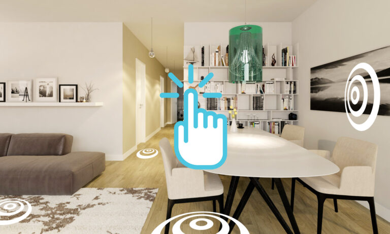 Screenshot eines Virtuellen Rundgangs durch eine Wohnung mit Hand-Icon und Hotspotgrafiken