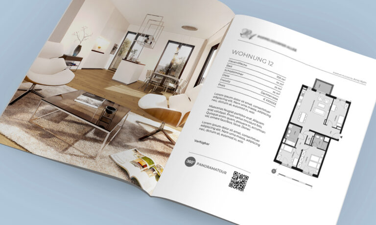 Beispieldarstellung eines Immobilienexposés mit Visualisierung und Grundriss